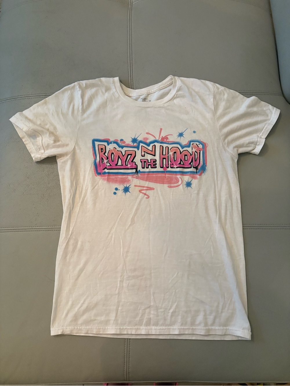 Boyz N The Hood Short Sleeve Graphic Tee - White with Pink & Blue Print